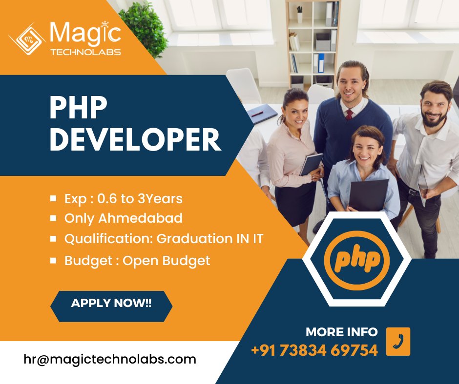MagicTechnolabs's tweet image. Magic Technolab PVT Ltd is H I R I N G

The following profile at, Ahmedabad

🔹 Job Title: PHP Developer 
🔹 Experience: 1+ Years

📧 Interested candidates can share at hr@magictechnolabs.com

#ahmedabadjobs #angularjs #codebrik #angulardevelopers #iosdevelopers #iosdevelopment