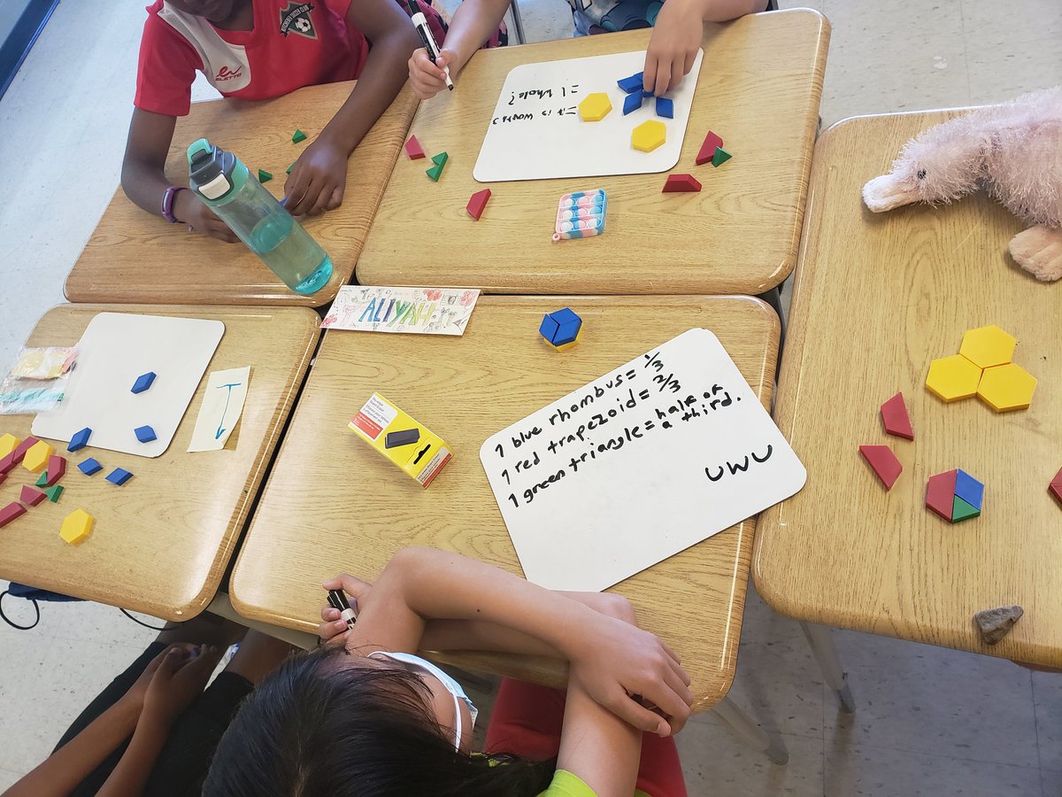 Fraction learning with pattern blocks in grade 4 #SummerBoost2022. Thanks <a href="/DucPetra/">Petra Le Duc</a> for the critical thinking challenge! #WCDSBAwesome <a href="/WCDSBNewswire/">WCDSB</a>