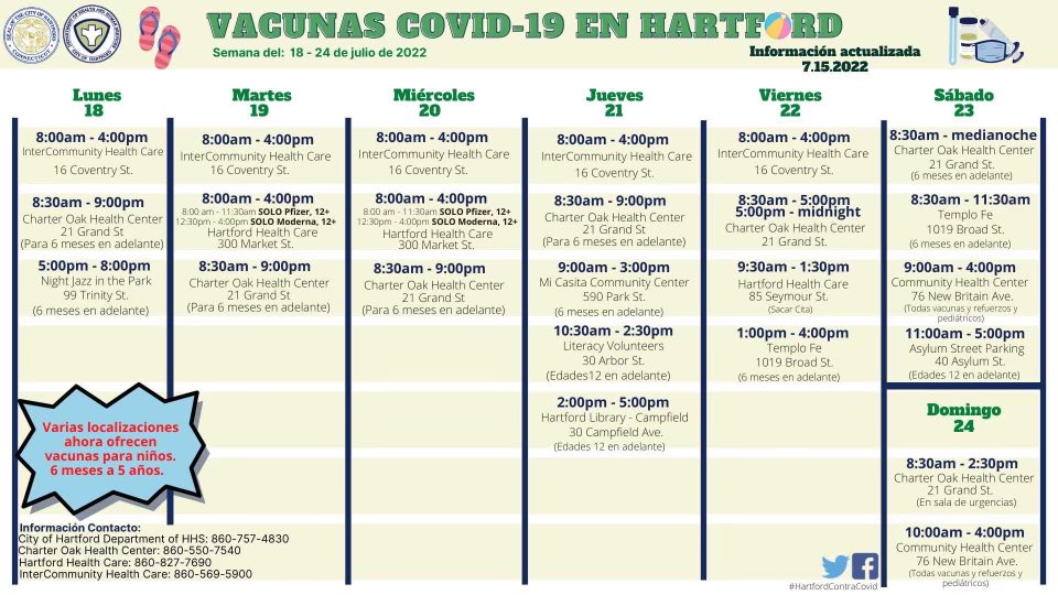 HartfordHealth's tweet photo. #Hartford Aquí está el calendario #COVID19 de esta semana. Asegúrate de hacerte la prueba y vacunarte, así como de tus vitaminas diarias 🌞 https://t.co/ZaOBC6HAQZ