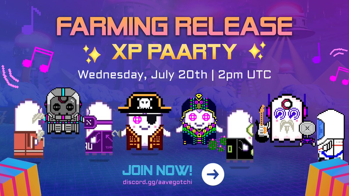 aavegotchi's tweet photo. 🎉 It's time to paarty frens! 🎉

🌟 Join us @ https://t.co/XQIoe8KWts on Wednesday, July 20th at 10am EST as we celebrate the launch of farming in the #Gotchiverse

🚀 All attendees will earn 10 XP for their #GotchiGang https://t.co/HFZ4OF8qAN