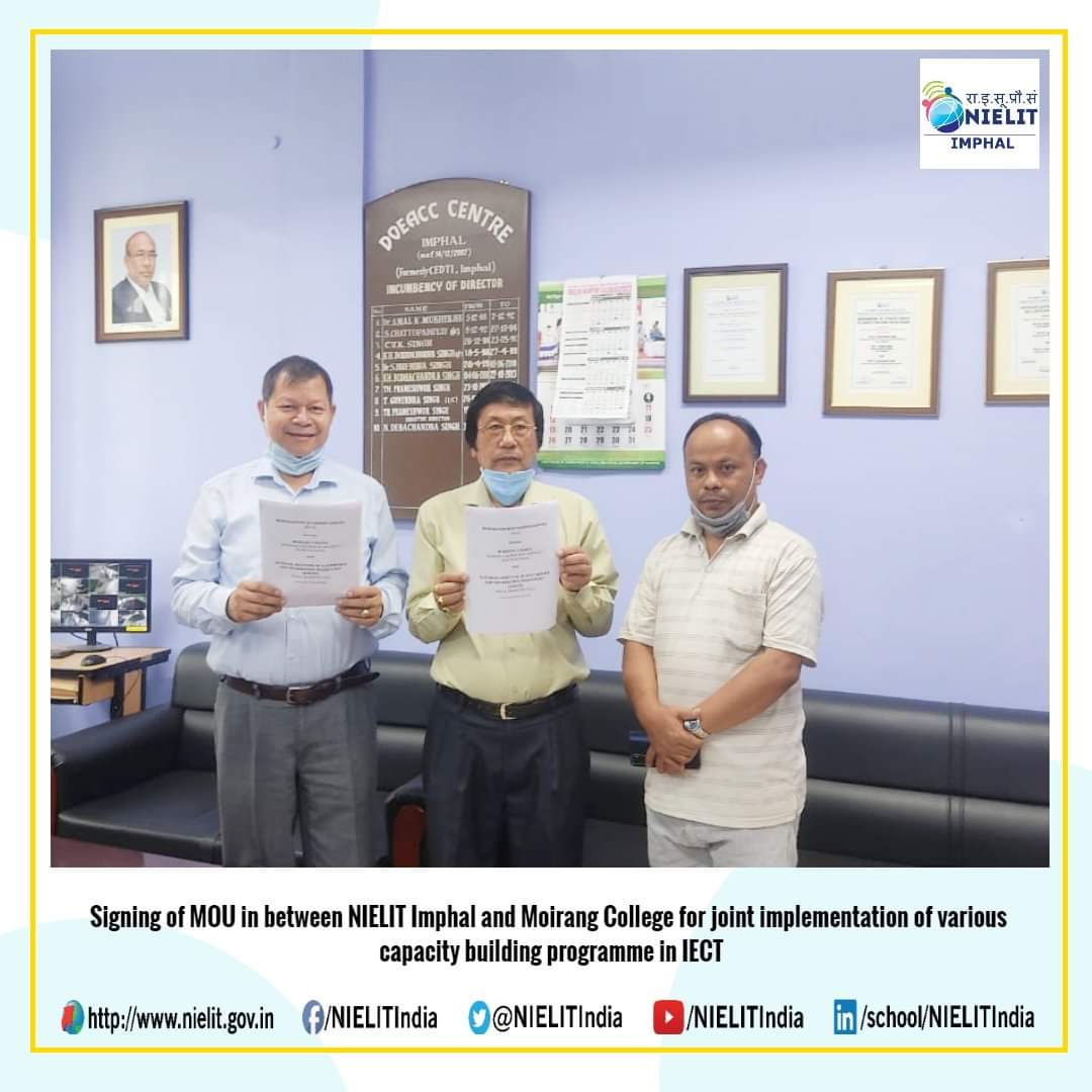 ImphalNielit's tweet photo. Signing of MOU in between #NIELIT Imphal and #MoirangCollege for joint implementation of various capacity building programme in #IECT. https://t.co/EphzDh6ijx