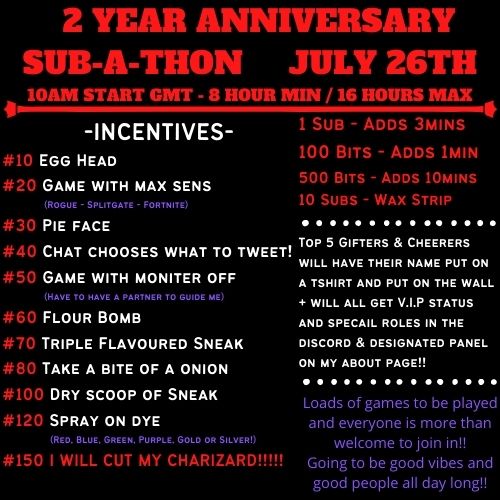 WE ARE 1 WEEK AWAY!!!
Going to be a hell of a day so do not miss it!!
Ordered all the stuff i need but thinking on adding some extras too! More details to come if i add some more stuff!!
#twitch #anniversary