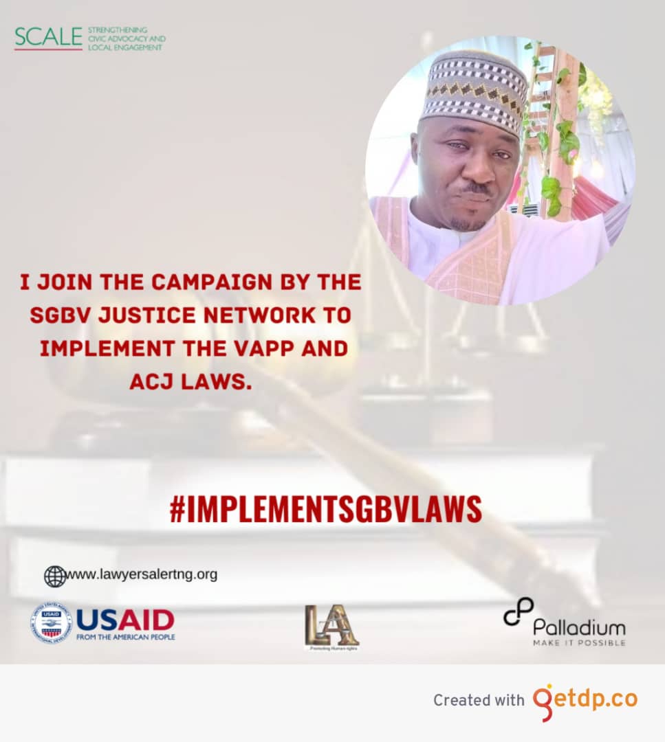 <a href="/lawyersalertng/">LawyersAlertNG</a> <a href="/UrgentAct/">Urgent Action Fund for Feminist Activism</a> <a href="/IfwydNg/">Ikra Foundation For Women & Youth Development</a> <a href="/USAIDGH/">USAID Global Health</a> <a href="/UNWomenWatch/">UN Women Watch</a> <a href="/Nilowvoters/">League of Women Voters of Nigeria (NILOWV)</a> <a href="/nawojlagos/">Lagos NAWOJ</a> <a href="/NigeriaScale/">Nigeria SCALE</a> <a href="/AgbaniFarms/">Agbani Farms</a> <a href="/samzito4real/">samson saidu</a>  joins the campaign by the SGBV justice network to implement the VAPP and ACJ Laws. 
#IMPLEMENTSGBVLAWS