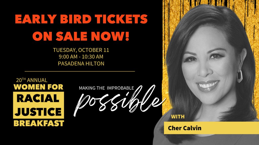 We are so excited to welcome @KTLA's @chercalvin back as our host for our 20th Annual Women for Racial Justice Breakfast! Take advantage of our early bird ticket pricing TODAY and join us on October 11th! l8r.it/RcIJ