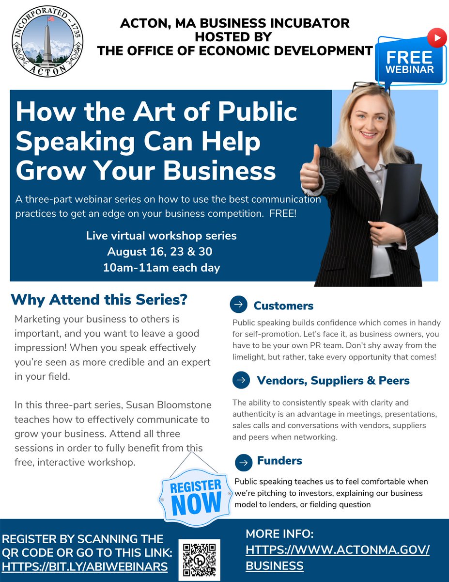 Are you a business owner looking to improving your public speaking skills? Join the Acton Economic Development Department for this 3-part virtual workshop starting 8/16. Registration required.

#actonma #Entrepreneurship #publicspeakingtips