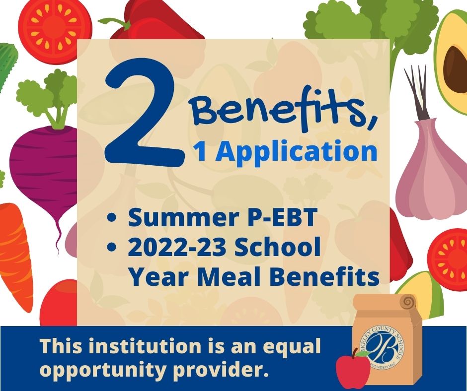 Summer P-EBT Benefits Are Now Available! See if you qualify by filling out the 2022-23 School Year Meal Benefits Application. ow.ly/oYSA50JZark 

The institution is an equal opportunity provider.