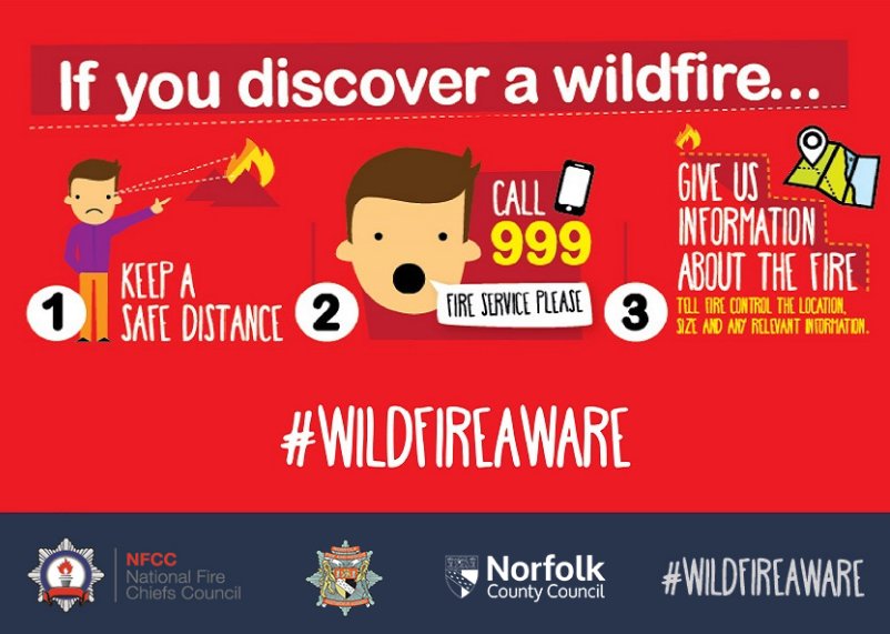 Norfolkfire's tweet photo. It's hot and dry. We've had a lot of wildfires the past couple of weeks. 
If you do spot a wildfire, get to a safe distance from the blaze and phone 999, giving your location, we will deal with the fire safely. 🚒
Never try to extinguish a wildfire yourself. https://t.co/OYuBM8tDGF