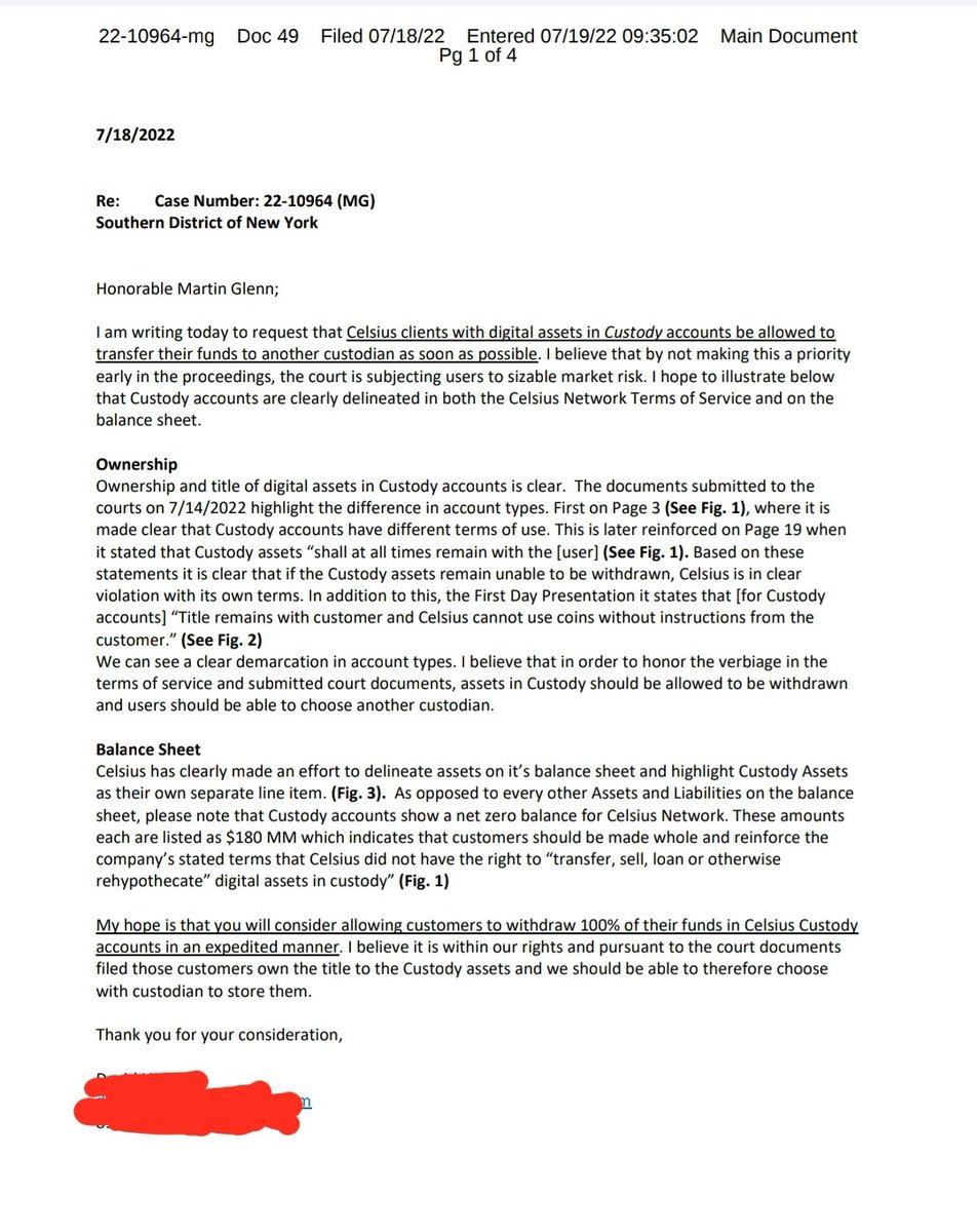 DigitalAssetUpd's tweet photo. Another user letter to the judge. This one calling for 100% of Custody accounts access to withdraw since the terms make it clear ownership and title remains with the user https://t.co/SI9XVVx045