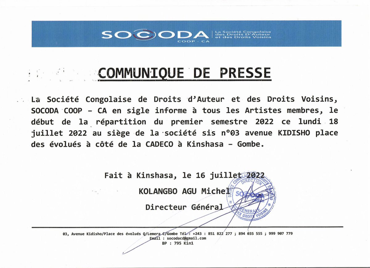 Socoda Rdc (@socodardc) on Twitter photo COMMUNIQUE DE PRESSE
La <a href="/Socodardc/">Socoda Rdc</a> informe à tous les Artistes membres, Artistes membres, le début de le répartition du premier semestre 2022 depuis le lundi 18
juillet 2022 au siège de la société sis n°03 de l’avenue  Kidisho , Place des évolués à Kinshasa Gombe. #rdcongo COMMUNIQUE DE PRESSE
La <a href="/Socodardc/">Socoda Rdc</a> informe à tous les Artistes membres, Artistes membres, le début de le répartition du premier semestre 2022 depuis le lundi 18
juillet 2022 au siège de la société sis n°03 de l’avenue  Kidisho , Place des évolués à Kinshasa Gombe. #rdcongo