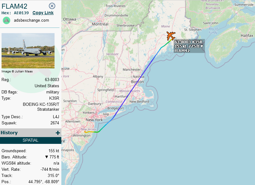 SirListenalot's tweet photo. #KC135 #AE0139 as #FLAM42 repositioned from McGuire to Bangor. Probably for AR with #E4 #ADFEB3 as #GORDO01 when it comes (tomorrow?) to CONUS from Rota. I guess KC135 #AE0847 will appear then as #FLAM41 out of Bangor https://t.co/fEaaB5dp1L
