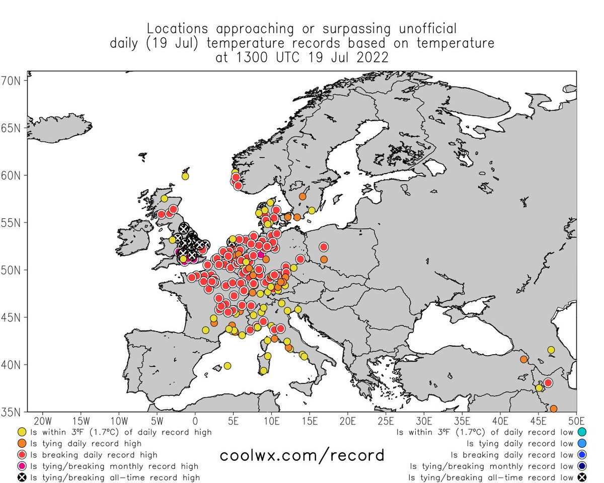 The U.K. has broken essentially every temperature record there is to break by considerable margins over the past 24 hours. An astonishing and extremely dangerous heatwave by any measure--and eerily similar to the incredible Pacific Northwest event back in June 2021.#ClimateChange