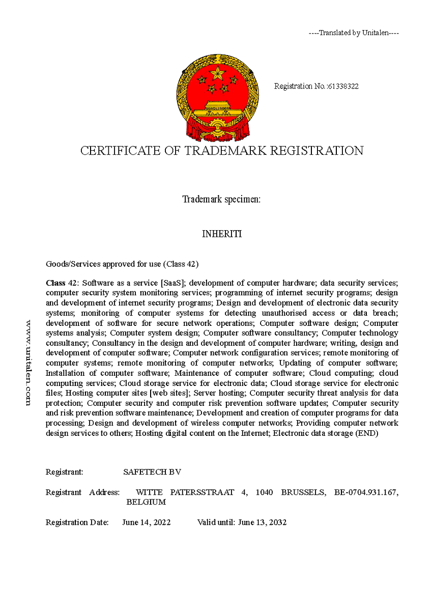 Today, we received the #Trademark Certificate for INHERITI® #IC9 and #IC42 in China 🇨🇳

This is a huge milestone and fundamental expansion to our already obtained trademark certification in the 🇪🇺, 🇬🇧, 🇭🇰

China patent approval soon? 👀

#decentralized #digital #inheritance