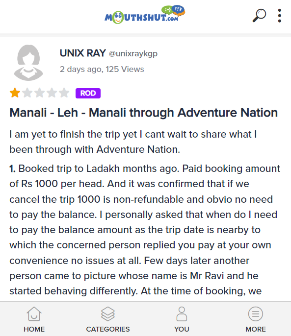 MouthShut's tweet image. 📢Review of the Day👇
Product Name: @adventurenation
Rating: 1/5⭐️
👉link: m.mouthshut.com/review/Adventu…

#MouthShut #Adventurenation
#AdventureNationReviews