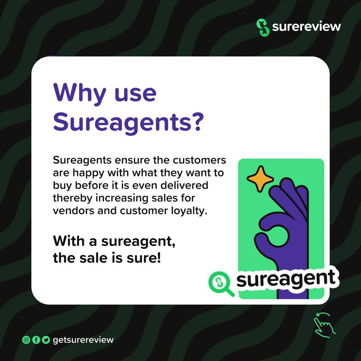 getsurereview's tweet photo. Research has shown that a majority of shoppers avoid online shopping because they can't control product expectations.

With Sureagent, we are ensuring that customers are always happy with what is delivered. https://t.co/CxQxW8nDa1