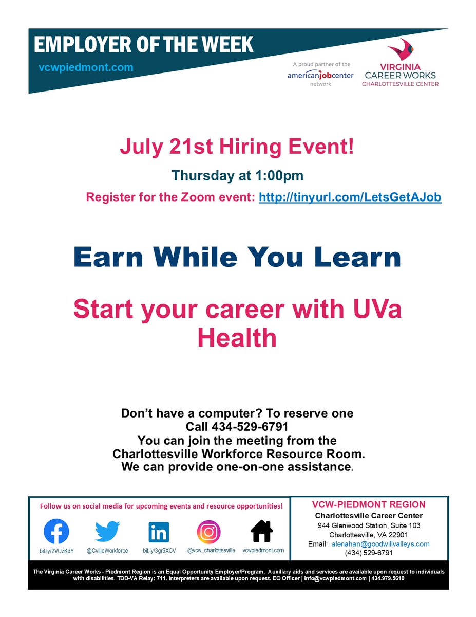 UVa provides coursework, on the job training, and full-time benefits while you earn your credentials. Register here- tinyurl.com/LetsGetAJob