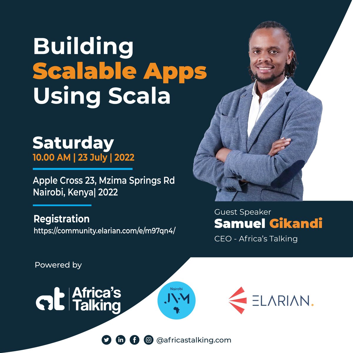 Africastalking's tweet photo. Join us this Saturday as our CEO, @sgikandi shares his experience in building scalable solutions using Scala, and what developers should consider when considering all underlying opportunities, as well as the role of open source. Register here: https://t.co/tVAgp6eFzq https://t.co/0f8YvoFRT7