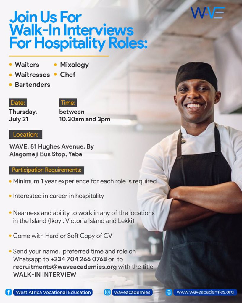 waveacademies's tweet photo. If you are looking to get into the #hospitalityindustry then this opportunity is for you!
Check the flyer for all the details, and share with anyone that would need this.
#HospitalityJobs #waveacademies #skillstraining #jobvacancies #youthemployment https://t.co/qgA2GncDAN