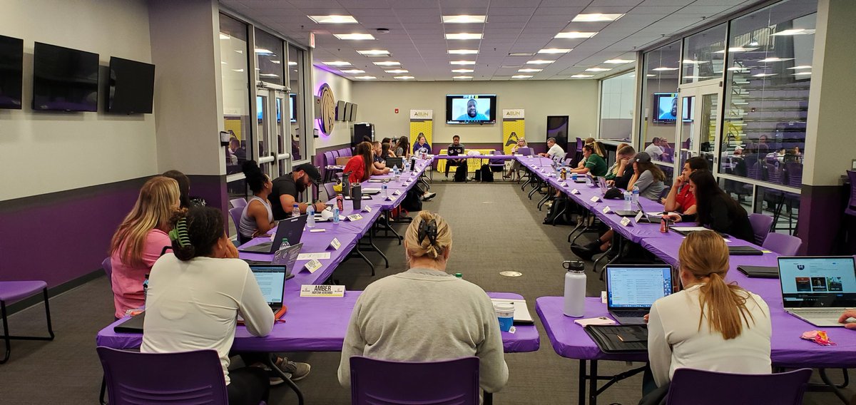 Last session of <a href="/ASUNSAAC/">#ASUNWillRise</a> meeting. Athletes listening to a NIL presentation.