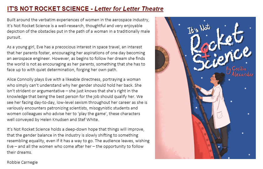 A really lovely review for <a href="/INRSplay/">It's Not Rocket Science</a> at <a href="/buxtonfringe/">Buxton Fringe</a> by <a href="/RobbieCarnegie/">Robbie Carnegie</a> 🥰

There's one more chance to watch it in Buxton - TODAY at 4:30pm at <a href="/RotundaDome/">RotundaTheatre</a>  rotundatheatre.com/buxtonfringe/i…

And read all the reviews from the wonderful shows at Buxton Fringe buxtonfringe.org.uk/reviews2022the…