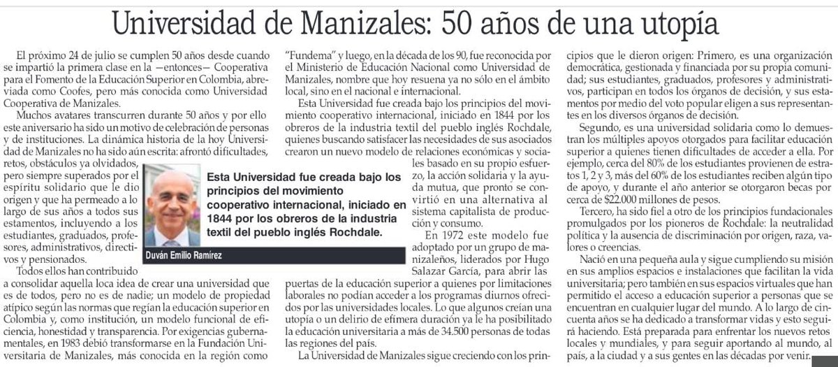 #UManizales50AñosTransformandoVidas  
Universidad de Manizales: 50 años de una utopía, la columna de nuestro rector <a href="/DuvanERamirezO/">Duván Ramírez</a> este martes pasado en <a href="/lapatriacom/">Periódico LA PATRIA</a>. Te invitamos a leer: bit.ly/3yU21nQ