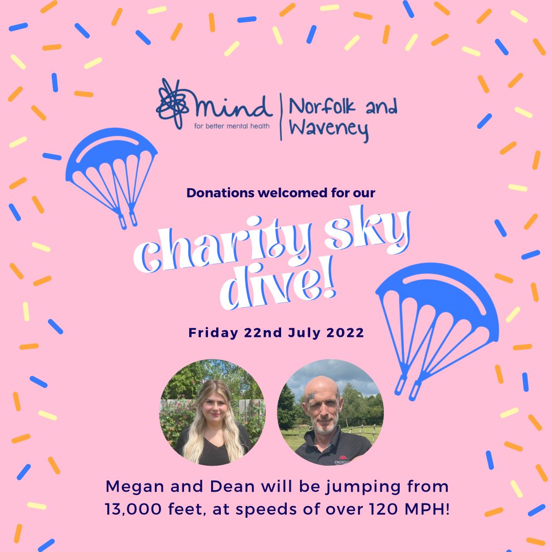 This Friday, Megan &amp; Dean will be skydiving to raise much needed £ for <a href="/NorfolkMind/">Norfolk and Waveney Mind</a>! 

Any donations welcomed if you can: justgiving.com/campaign/Skydi…

🪂🤎