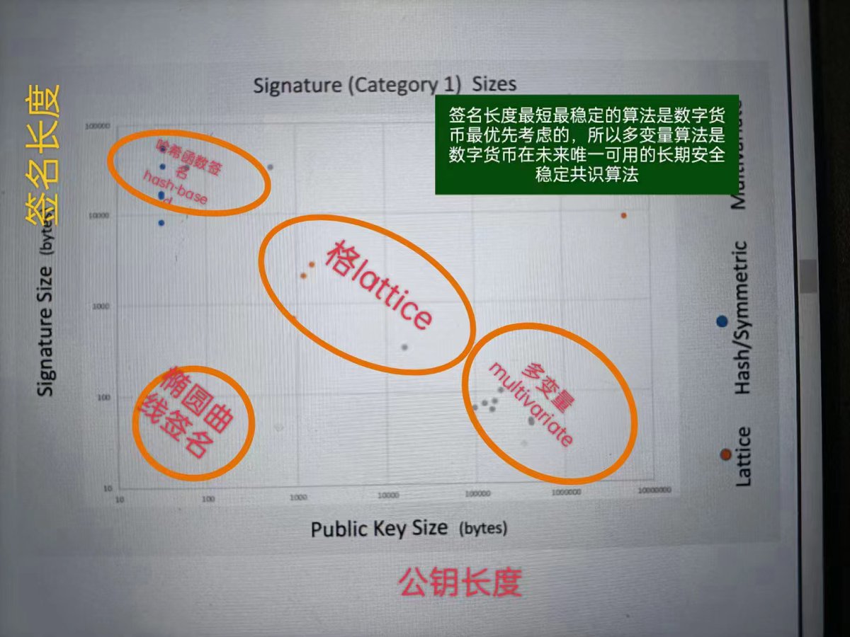 r8raq's tweet photo. 未来至少20年，
这两句话！
基本上都是正确的：

基本成熟可用的，抗量子计算机破解的数字签名算法，总共只有三类：格，多变量，哈希函数签名。

而签名长度最短的算法，只能是多变量数字签名算法！区块链场景下，只能用签名长度最短的算法。 https://t.co/VUnyNT0hK0