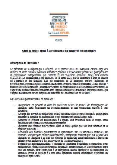 CIIVISE_contact's tweet photo. 🔎[#OffreStage]

La CIIVISE propose un stage à partir de septembre, en appui à la Responsable du plaidoyer/ communication et Rapporteure.

Vous êtes engagé-e dans la lutte contre les #ViolencesSexuelles faites aux enfants ?

👀N'hésitez pas à candidater à informations@ciivise.fr https://t.co/tYmKiE69EA