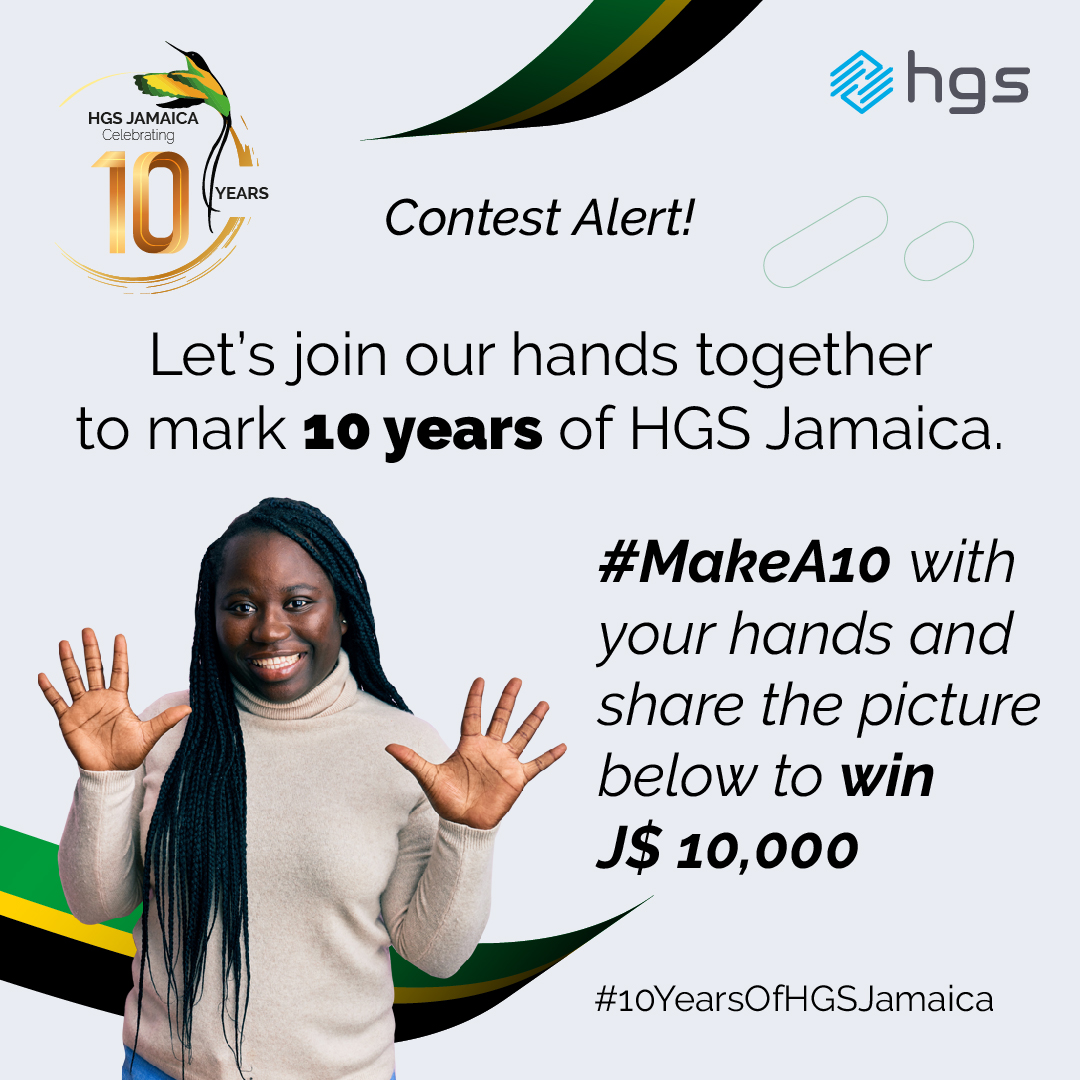 LifeAtHGS's tweet photo. Put your hands together for #TeamHGS &amp; a decade of support and advancement. #MakeA10 with your hands &amp; share the picture below with #HGSJam10. Start sharing &amp; stand a chance to win the prize of J$ 10,000! 

#LifeAtHGS #HGSJamaica #ContestAlert #10YearsOfHGSJamaica #10 #Jamaica https://t.co/g0MmgJzZNQ