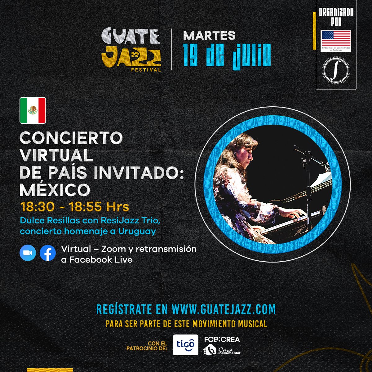 ¡Hoy tenemos concierto! 🎶🎸🎹

Únete a nuestro Facebook Live y participa en el concierto a cargo de Dulce Resillas con ResiJazz Trío, un fabuluso concierto homenaje a Uruguay🇺🇾

Nos vemos a las 18:30 horas