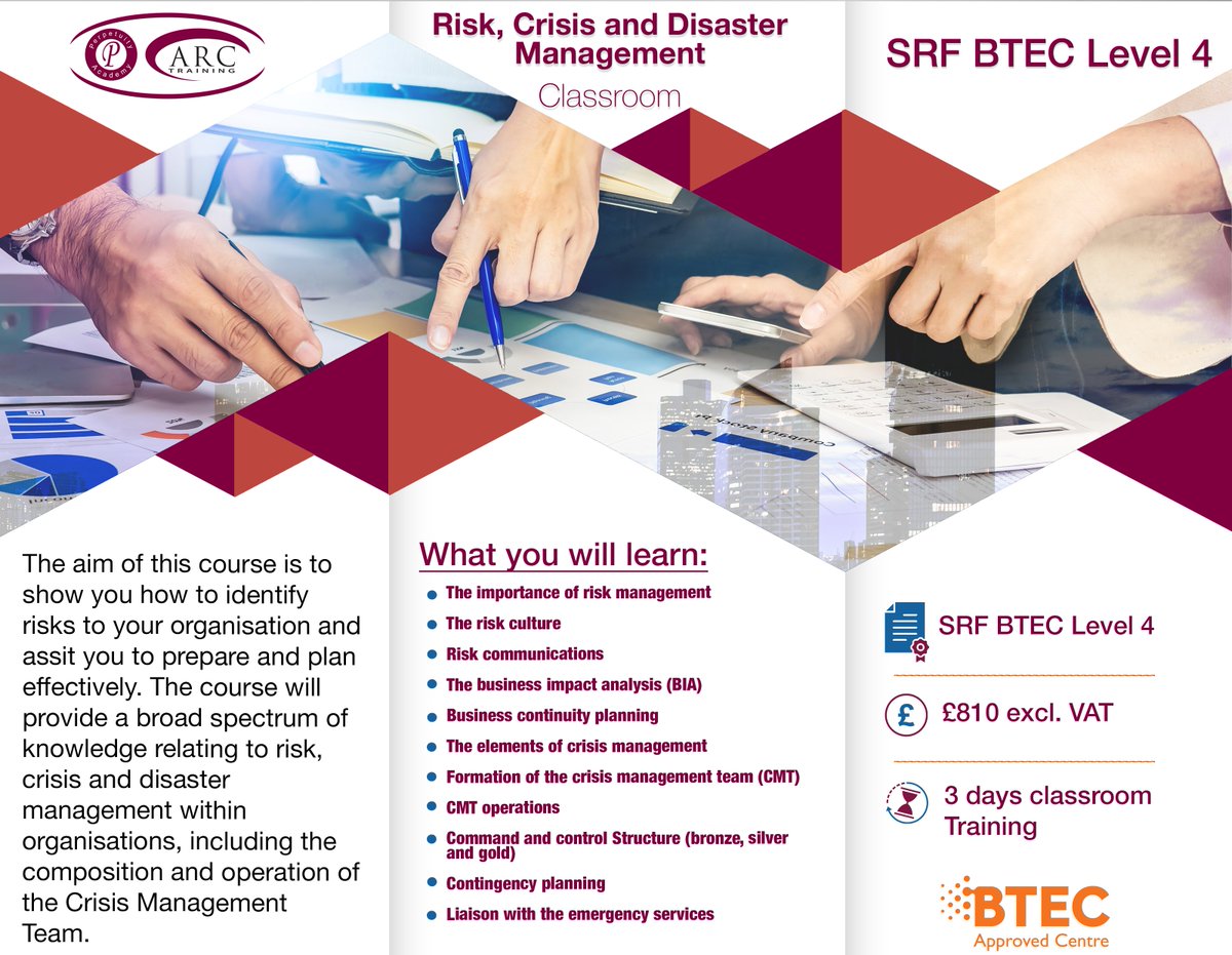 Risk communication. Contingency planning. Business Continuity Planning. 

Just a few of the reasons why the Risk, Crisis and Disaster Management course is ideal for today's security professional.

#securitytraining #security