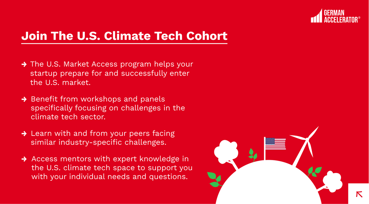 #Innovation to tackle #climatechange is urgently needed! 🌿@GAccelerator offers a specialized #ClimateTech Cohort for #startups to access the U.S. market. 🇺🇸
👉 Make an impact and join the program now: lnkd.in/gm-uzTs6 (until July 25)