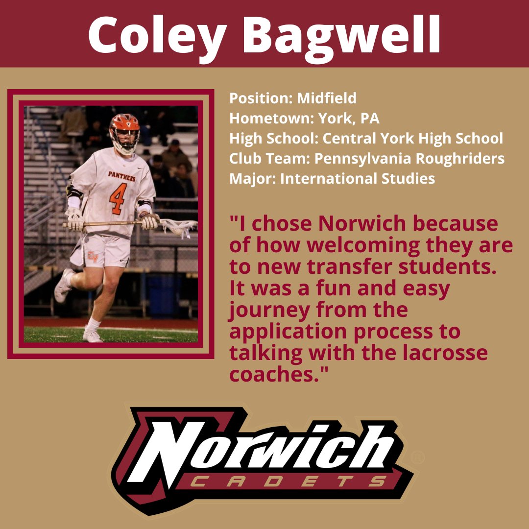 We are excited to announce our incoming class of Cadlaxers! We will kick it off with Coley Bagwell. Coley is a midfielder who comes to us from Valley Forge Military Academy &amp; College! <a href="/norwichnews/">Norwich University</a> <a href="/NorwichCadets/">Norwich Cadets</a> #ncaalacrosse #ncaalax #collegelacrosse #collegelax #lacrosse