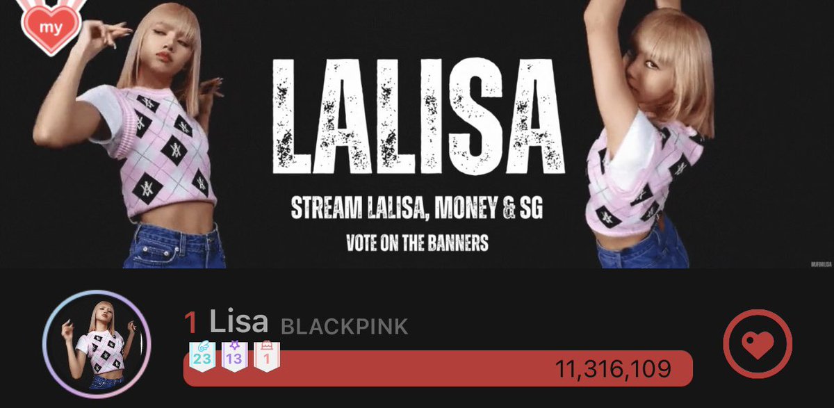 CONGRATS!🥳 Prepare your hearts tomorrow! Also, DROP YOUR HEARTS ON THE BANNER ONLY! We badly need more rebates!

Let's achieve 1.5M or 2M votes (higher the better) on the banner before 11:15 PM KST starting tomorrow! Don't disappoint us. 

#LISA #LALISA #MONEY