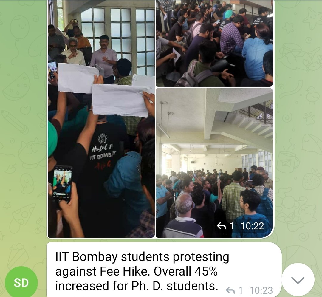 IITs hike fees for its PhD Scholars &amp; students  <a href="/EduMinOfIndia/">Ministry of Education</a> <a href="/FinMinIndia/">Ministry of Finance</a> <a href="/MoHFW_INDIA/">Ministry of Health</a> <a href="/Xpress_edex/">Edex - The New Indian Express</a> <a href="/TheQuint/">The Quint</a> <a href="/TimesNow/">TIMES NOW</a> <a href="/DrJitendraSingh/">Dr Jitendra Singh</a> <a href="/PMOIndia/">PMO India</a> <a href="/dpradhanbjp/">Dharmendra Pradhan</a> <a href="/iitbombay/">IIT Bombay</a> <a href="/timesofindia/">The Times Of India</a> <a href="/thewirehindi/">The Wire हिंदी</a> <a href="/thewire_in/">The Wire</a> 
#IITs Students &amp; PhD scholars protesting 
#Stop_Fee_Hike <a href="/ANI/">ANI</a>