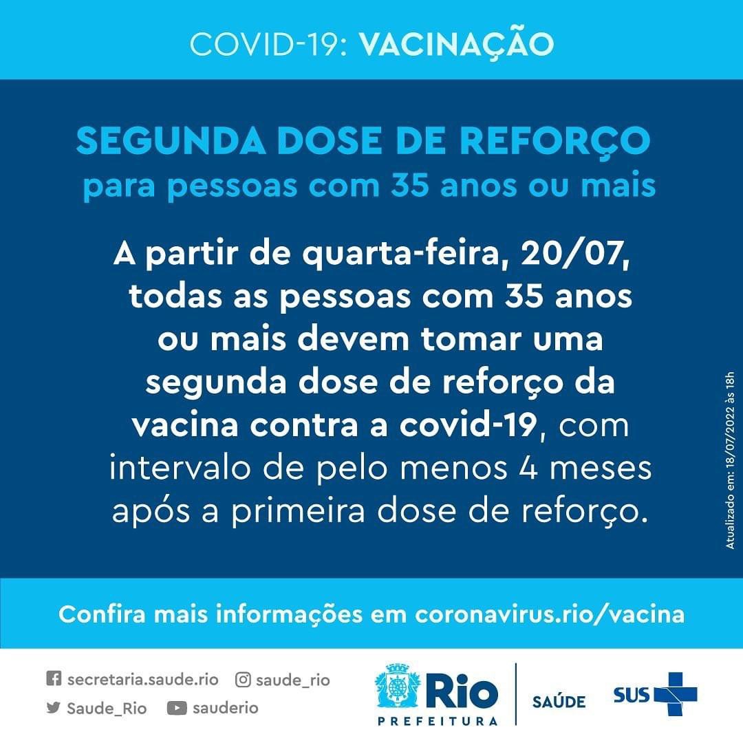 lip_ufrj's tweet photo. A partir de quarta-feira, 20/07, todos com 35 anos ou mais poderão receber a segunda dose de reforço da vacina contra o coronavírus, levando em consideração que já tenha passado 4 meses ou mais da aplicação da primeira dose de reforço. https://t.co/LGu02LsL71