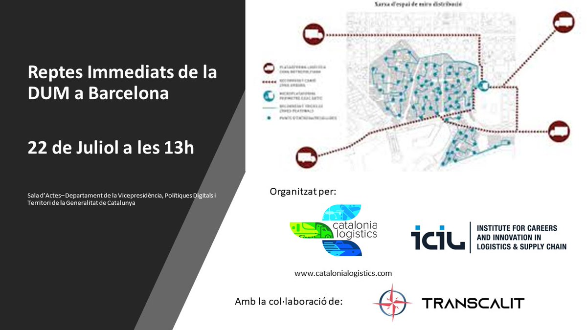Aquest divendres 22 de Juliol a les 13h, en format taula rodona ràpida, tindrem als gestors de Barcelona, a representant de comerços i al sector logístic per parlar sobre els Reptes Immediats de la DUM a Barcelona. registra't, és gratuït: catalonialogistics.com/esdeveniments/…