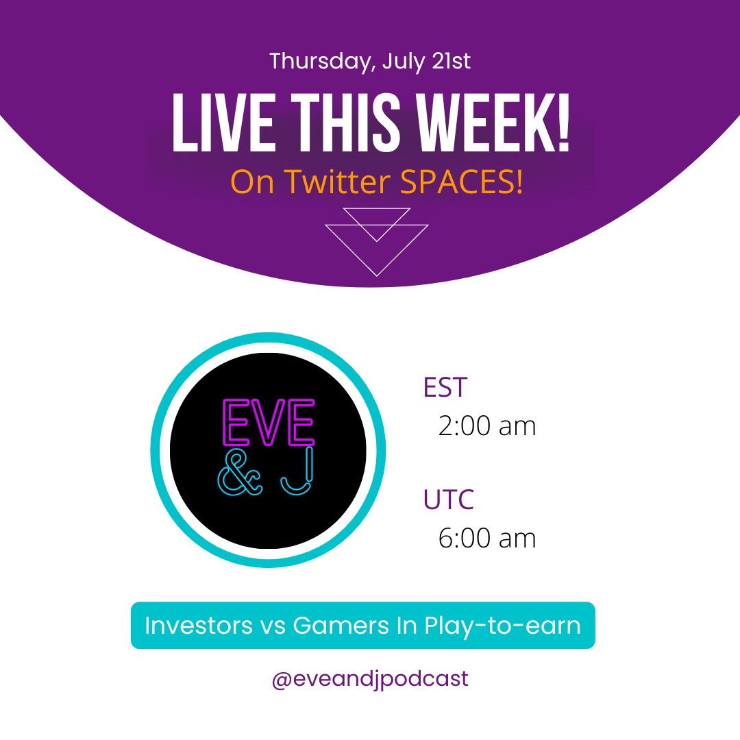 eveandjpodcast's tweet photo. We are moving our podcasts to Twitter Spaces. So, join us this Thursday as we dive into the contrast between investors and gamers in the #PlayToEarn ecosystem. See you there! https://t.co/G7DoUShq6v