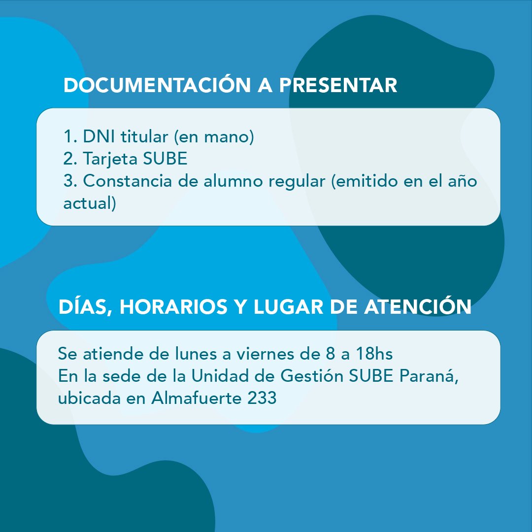 SecTransporteer's tweet photo. Para tramitar el beneficio del boleto universitario se solicita:

1. DNI titular (en mano)
2. Tarjeta SUBE
3. Constancia de alumno regular (emitido en el año actual) https://t.co/4CYPVRaw5h