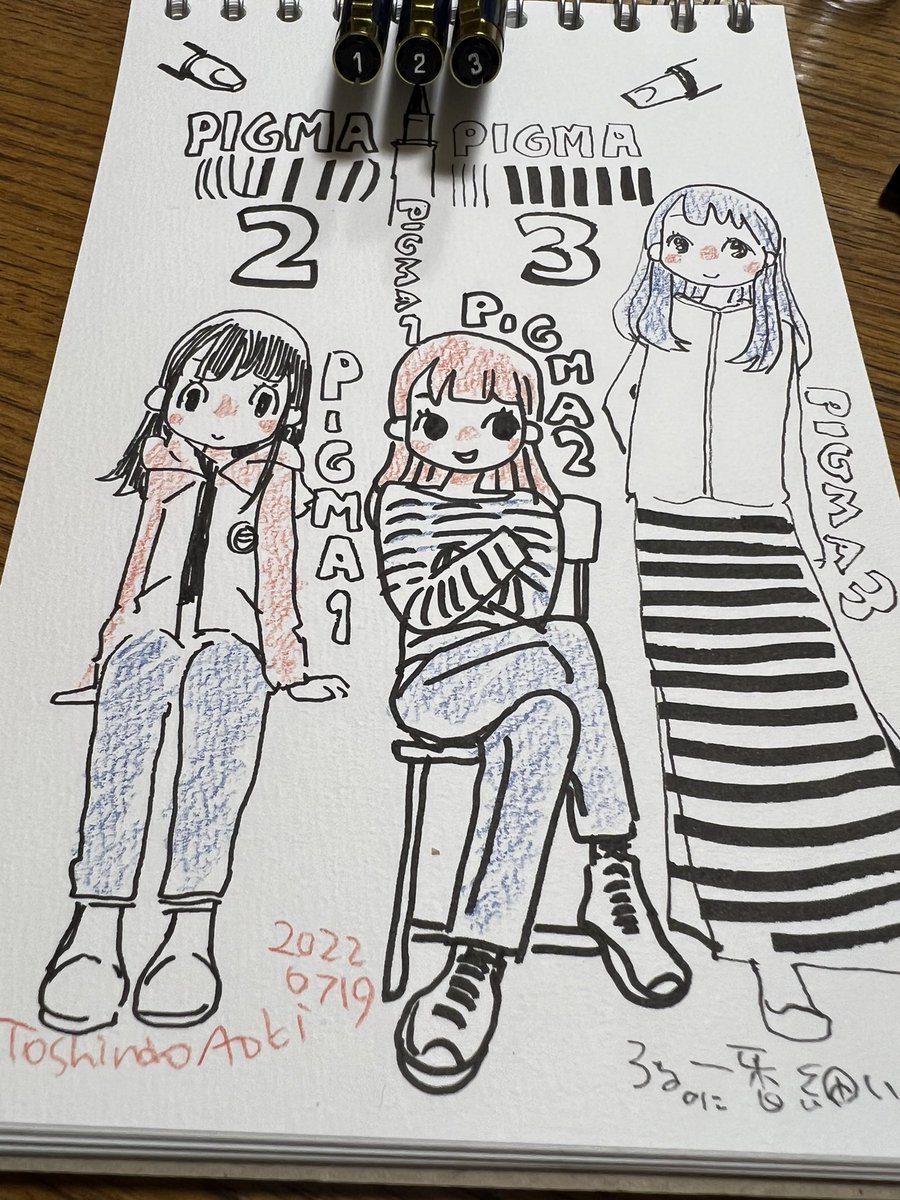 ピグマ1,2,3ではペン先の形状で3が1番細い線がひける。(一番太い線もひける)。
#らくがき
#ピグマ 