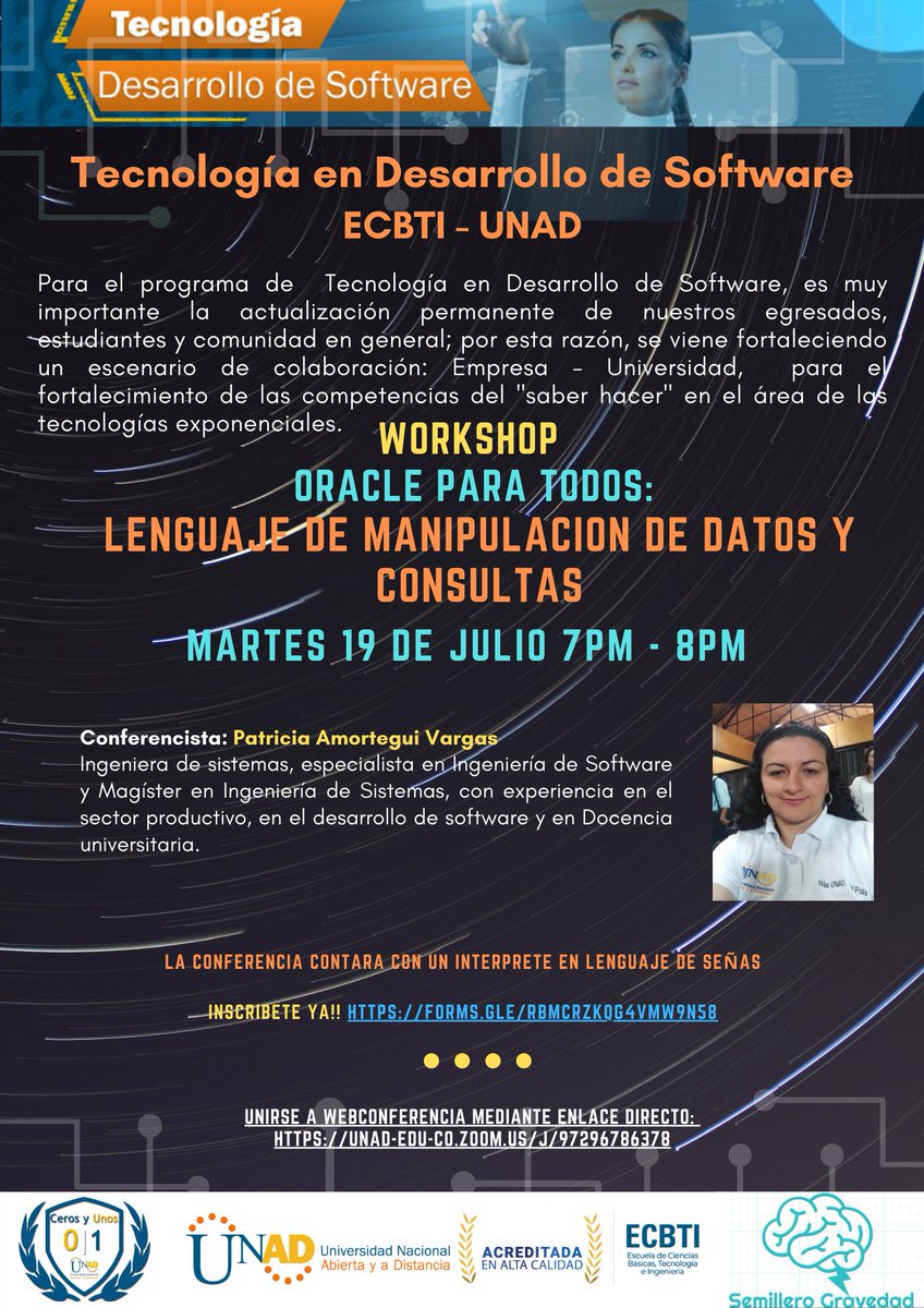 La Tec en desarrollo de software los invita a la sesión 3 del taller Oracle para todos el 19 de Julio 7pm, donde veremos lenguaje de manipulación de datos a cargo de la Ing Patricia Amórtegui. Inscripción:docs.google.com/forms/d/e/1FAI…