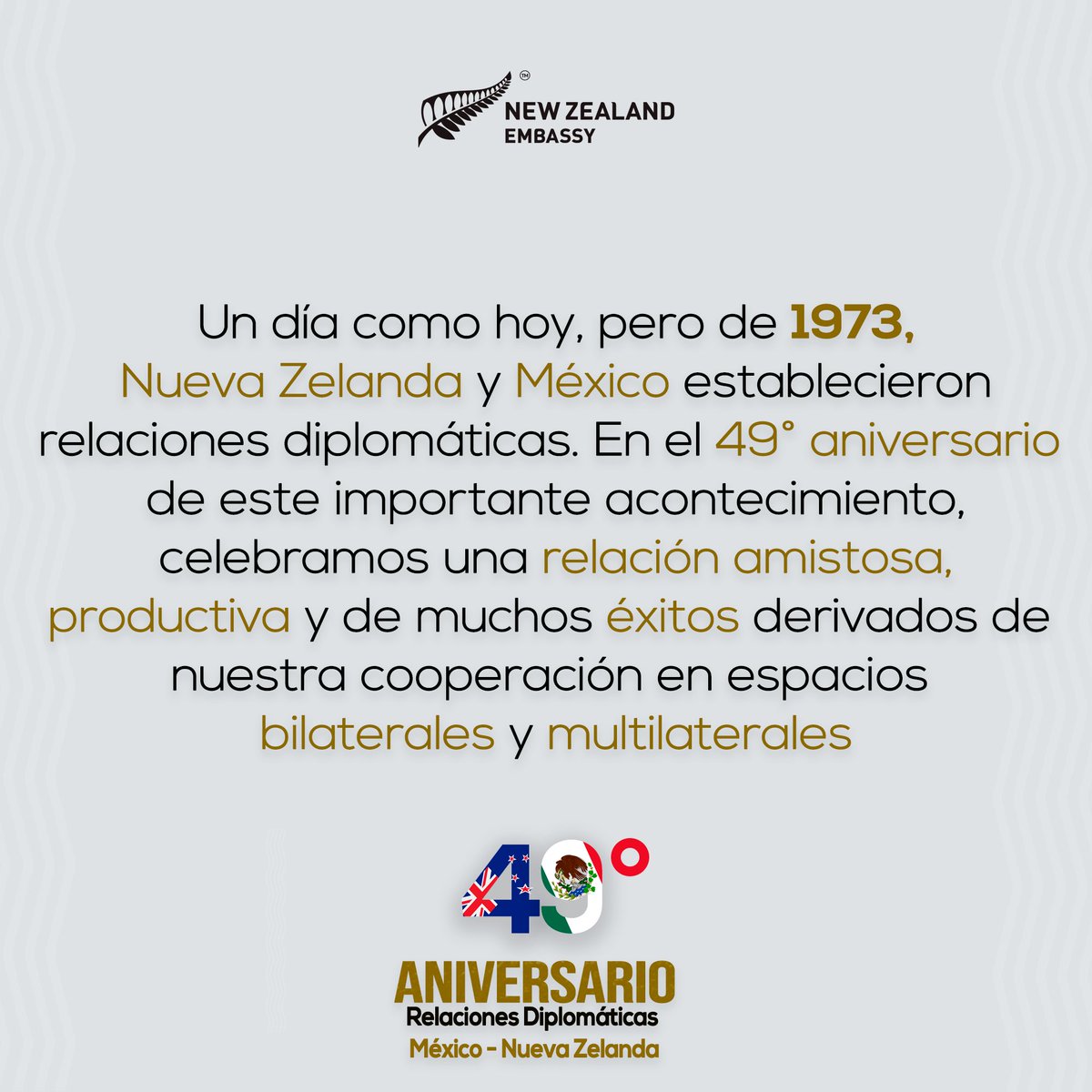 NZinMexico's tweet photo. Hoy celebramos el 49° aniversario de las relaciones diplomáticas México-Nueva Zelanda 🇳🇿🇲🇽

@SRE_mx @EmbaMexNze https://t.co/rcmrbwxtKv