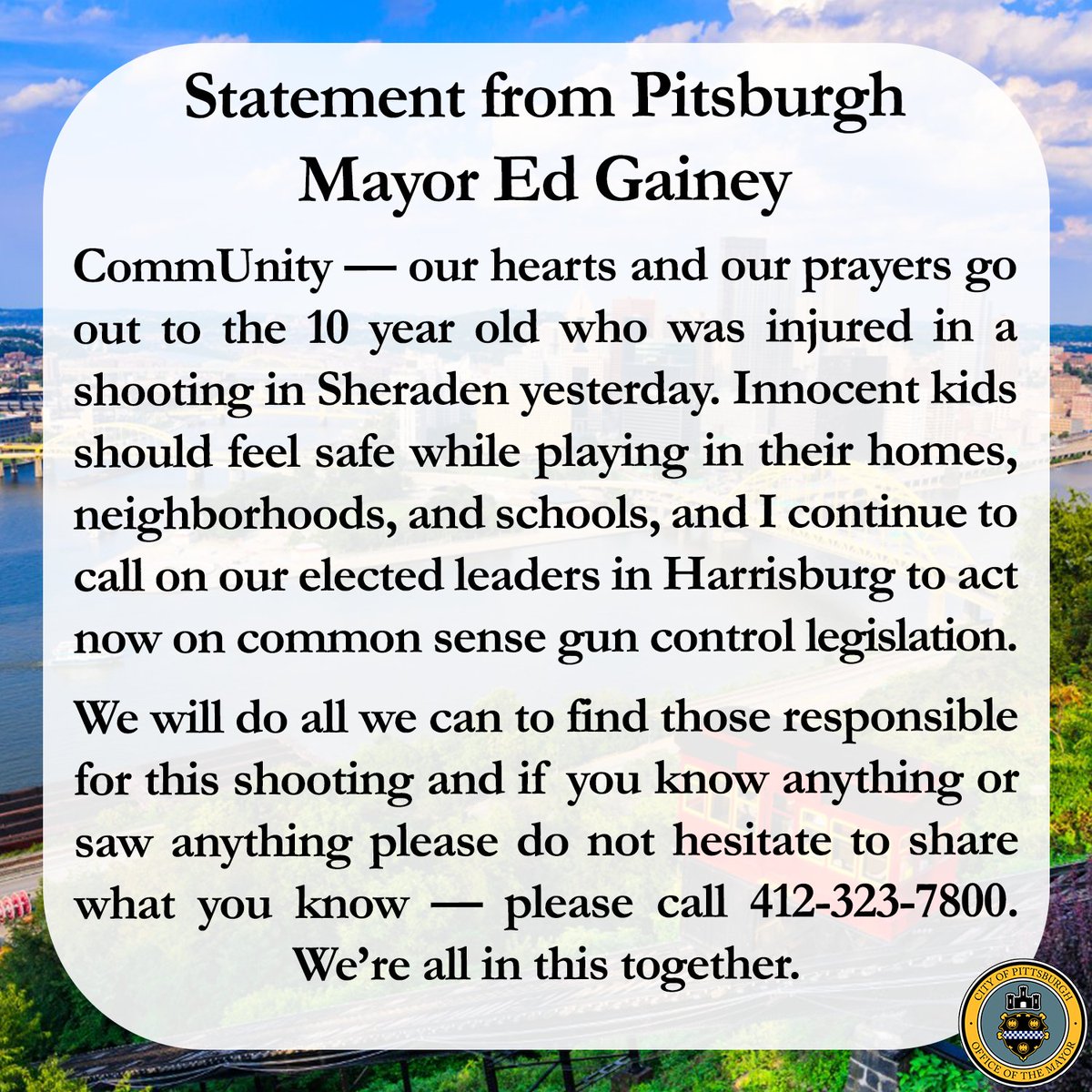 gainey_ed's tweet image. CommUnity — our hearts and our prayers go out to the 10 year old who was injured in a shooting in Sheraden yesterday. 1/3