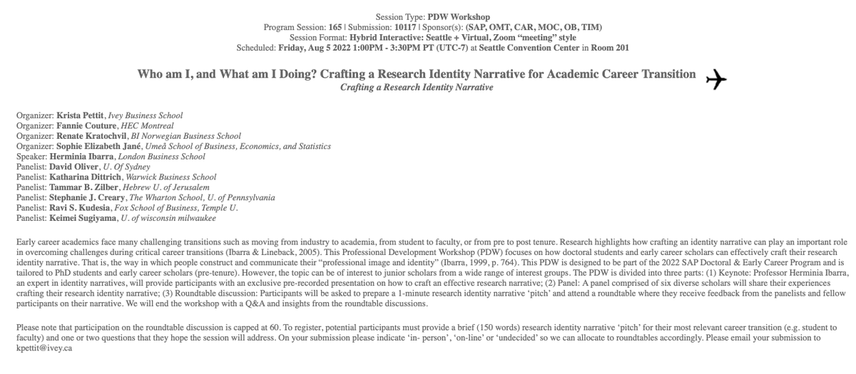 tdotkp's tweet photo. Ever wrestled with how to succinctly and compellingly communicate who you are and what you do as a researcher?  
Join us @AOMConnect  August 5th from 1-3pm in our PDW: “Who am I, and What am I Doing?  Crafting a Research Identity Narrative for Academic Career Transition” https://t.co/YvNkTgyc8O