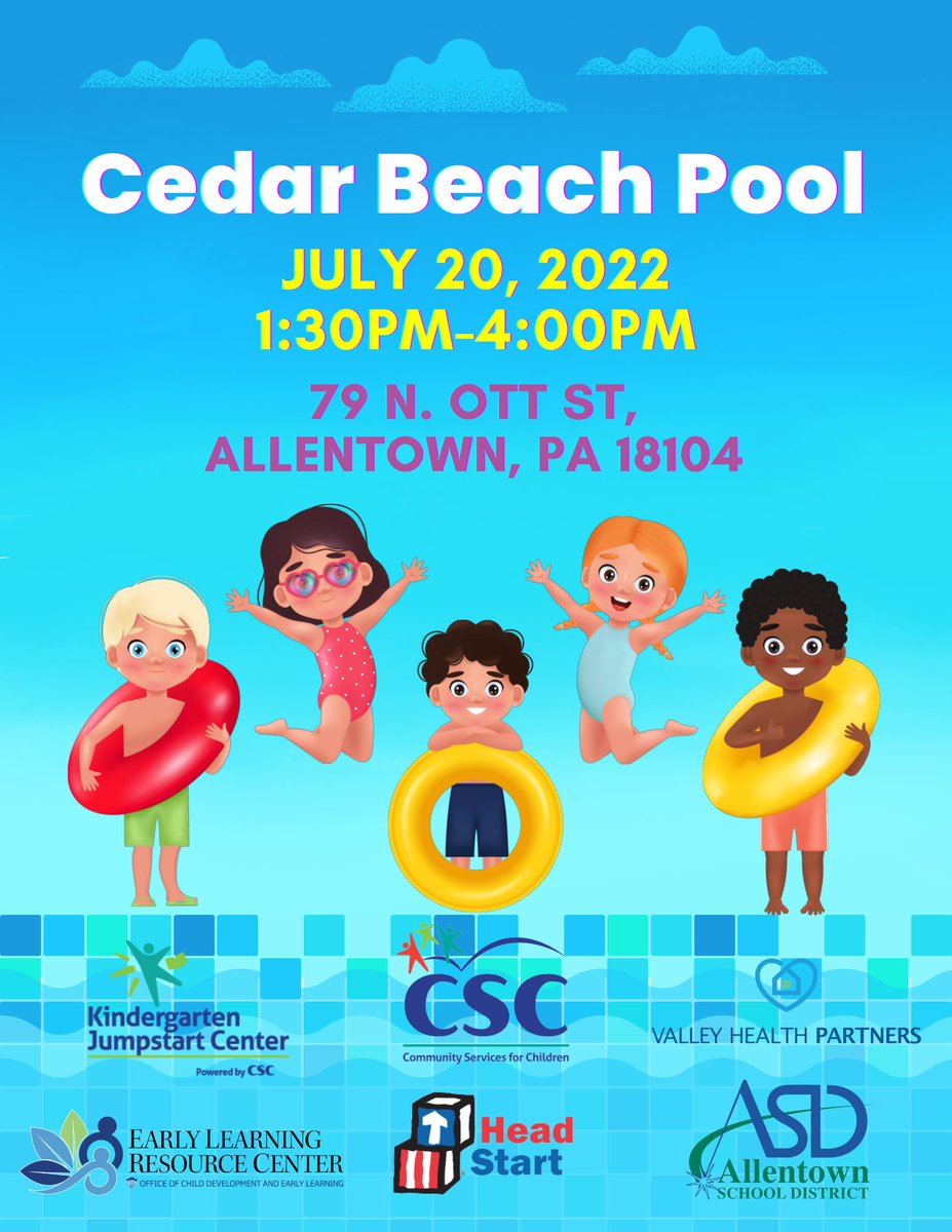 cscinc_org's tweet photo. Join us tomorrow to cool off at Cedar Beach Pool! 

Where: 79 N. Ott Street Allentown, PA 18104
When: July 20, 2022 from 1:30pm-4:00pm 

We will be joined by our community partners, @AllentownSD  &amp; Valley Health Partners!
#OutreachInYourCommunity 
#CSCEvents 
#CSC https://t.co/XB2WRFi6Ds