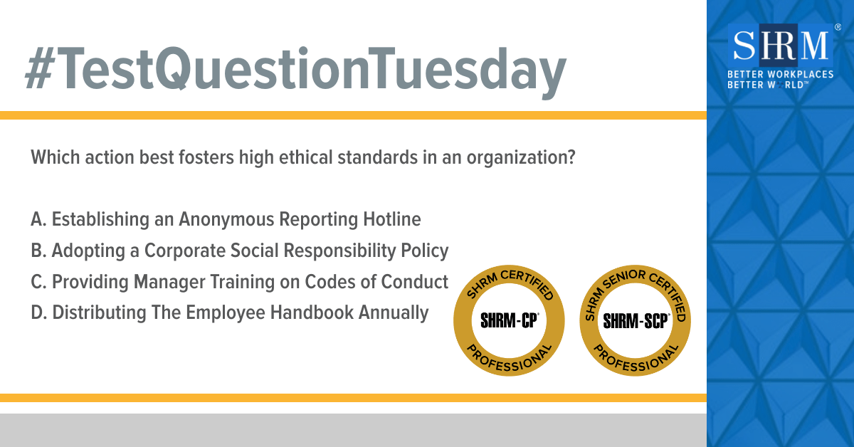 SHRM's tweet photo. Think you could earn your #SHRMCertification? Test your knowledge and gain experience answering the types of questions that may be found on the #SHRMCP and #SHRMSCP exams. https://t.co/8diwohUXuh #TestQuestionTuesday https://t.co/WNqqYoKZ0V