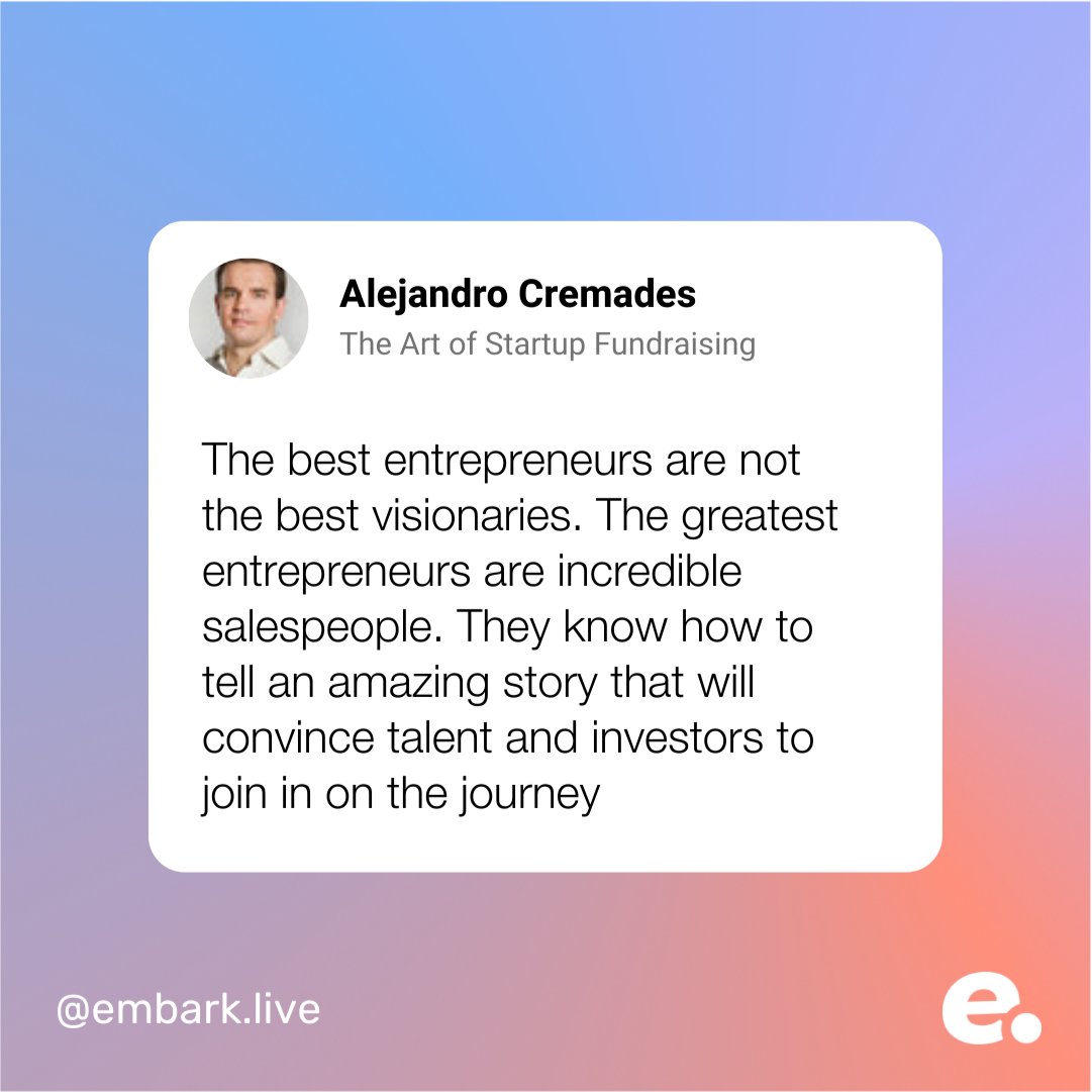 Be the entrepreneur that can tell an amazing story, but can also back up that story.
Follow us for more helpful advice from industry experts <a href="/embark_live/">Embark.live</a> 
#startups #startupfounder #techstartup #accelerator #fintech #incubator #founder #venturecapital #VC #venture #Fundraising