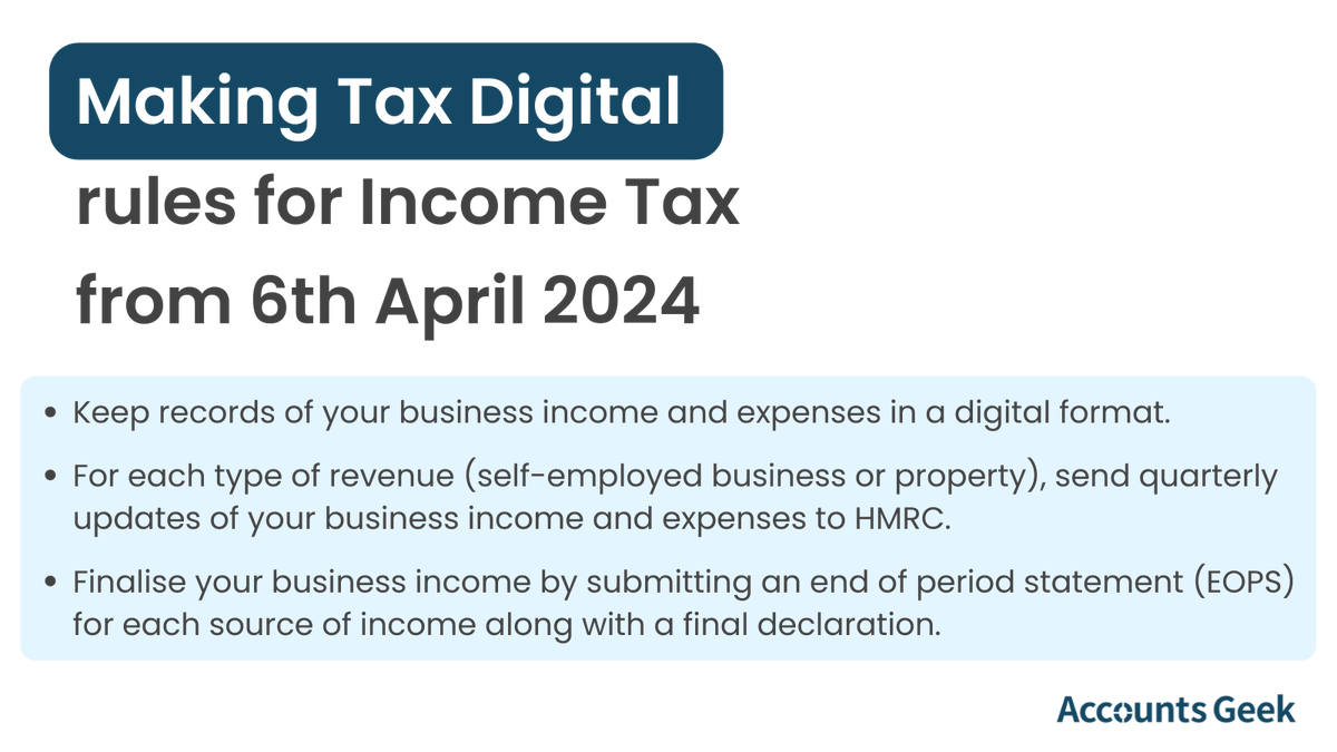 accountsgeek's tweet image. If you’re a self-employed business owner and/or landlord and you’re affected by MTD for Income Tax, you’ll have to take the following actions from 6th April 2024.