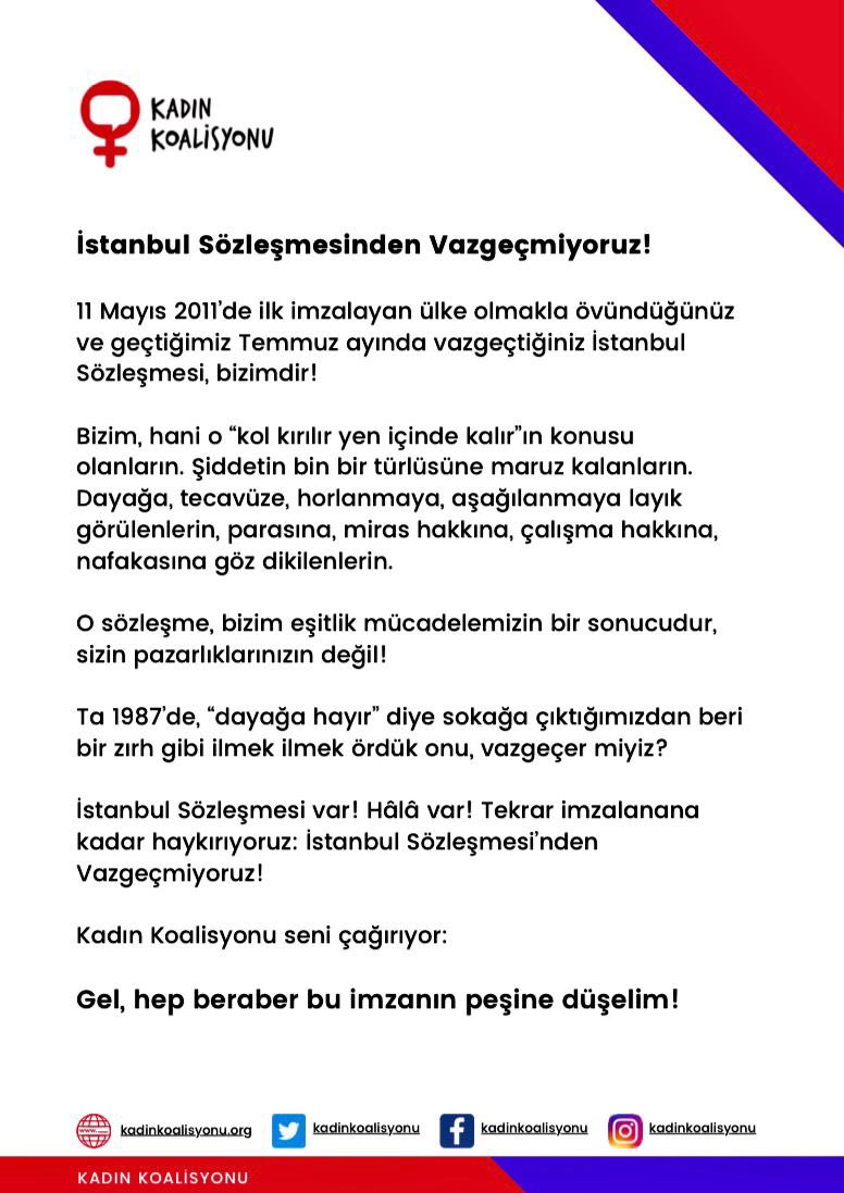 Danıştay'ın kararını ret ediyoruz
İstanbul Sözleşmesi var! Hâlâ var! Tekrar imzalanana kadar haykırıyoruz: 
#İstanbulSözleşmesiBizim
#Vazgeçmiyoruz
#GeriAlacağız