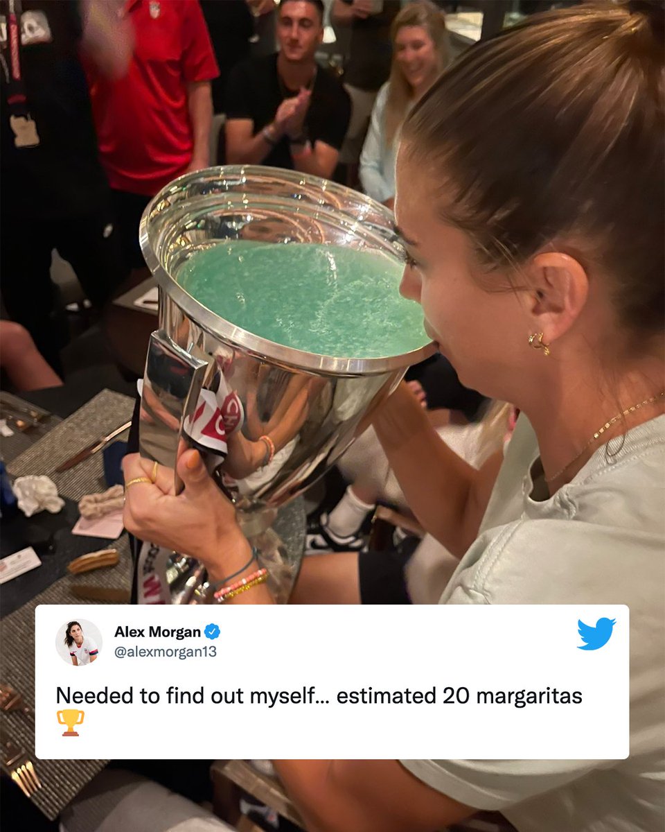 espnW's tweet photo. Alex Morgan celebrating the CONCACAF Women's Championship with the biggest margarita we've seen 😂 🍹 

(via @alexmorgan13) https://t.co/u9XhVP3lqj