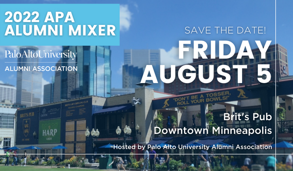 LifeAtPAU's tweet photo. The Alumni Association invites you to the 2022 APA Convention Alumni Mixer in Minneapolis on August 5, from 6 – 8 pm! Drinks and appetizers will be provided, as well as an opportunity to socialize with #PAUAlumni. Space is limited, so please register! https://t.co/Q9cXzLOVpm https://t.co/4USfBH03iB